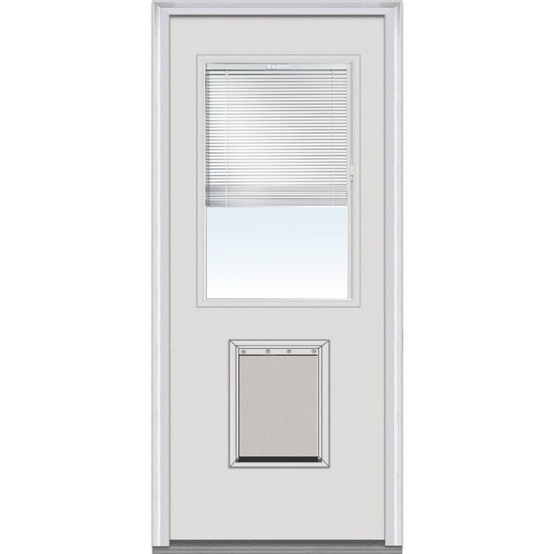 National Door Company Steel Exterior Door, Primed, 1/2 Lite with Clear Glass Internal Blinds & Pet Door, Right Hand Inswing, 32x80