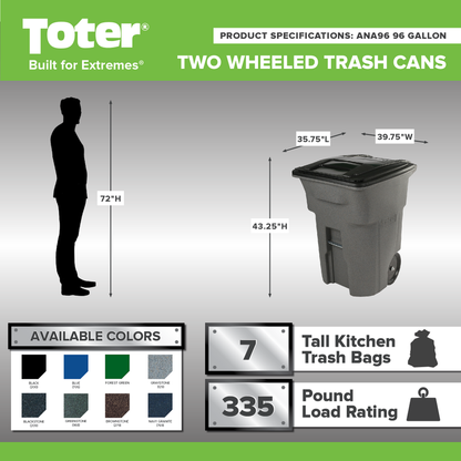 Toter 96 Gallon Trash Can with Smooth Wheels and Lid ;