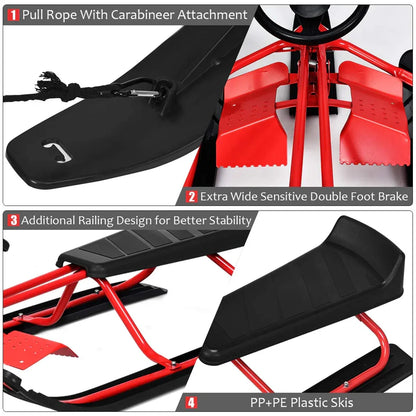 Snow Racer Sled, Ski Sled Slider Board with Twin Brakes