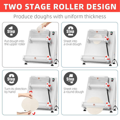 Commercial Pizza Dough Roller Sheeter, Max 16, Automatic 370W Electric Pizza Dough Roller, Stainless Steel, Suitable for Noodle, Pizza Bread and Pasta Maker Equipment