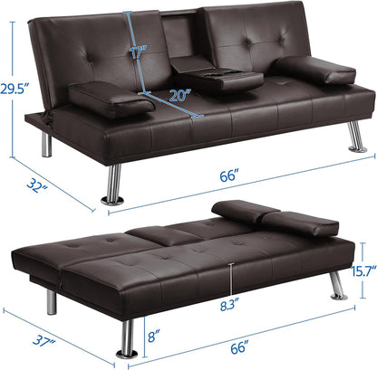 Yaheetech Convertible Sofa Bed Adjustable Couch Sleeper Modern Faux Leather Home Recliner Reversible Loveseat Folding Daybed Guest Bed, Removable Armrests, Cup Holders, 3 Angles, 772lb Capacity, Black