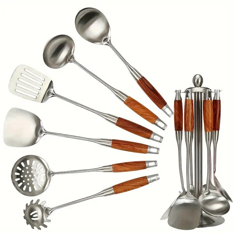 Morve 7-Piece Stainless Steel Kitchen Utensil Set with Storage Holder, Heat-Resistant Cooking Tools