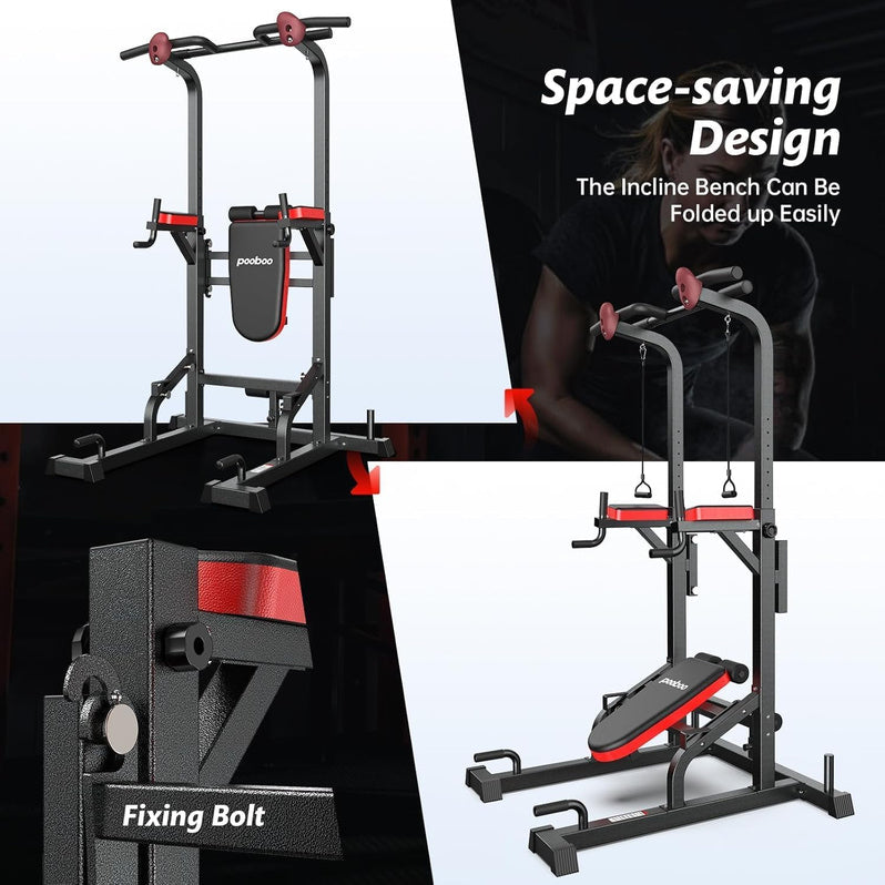 Pooboo Power Tower Dip Station, Pull-Up Bar, Supine Board, Adjustable