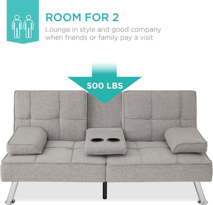 Best Choice Products Linen Upholstered Modern Convertible Folding Futon Sofa Bed for Compact Living Space, Apartment, Dorm, Bonus Room w/Removable Armrests, Metal Legs, 2 Cupholders - Gray
