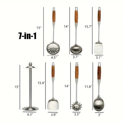 Morve 7-Piece Stainless Steel Kitchen Utensil Set with Storage Holder, Heat-Resistant Cooking Tools