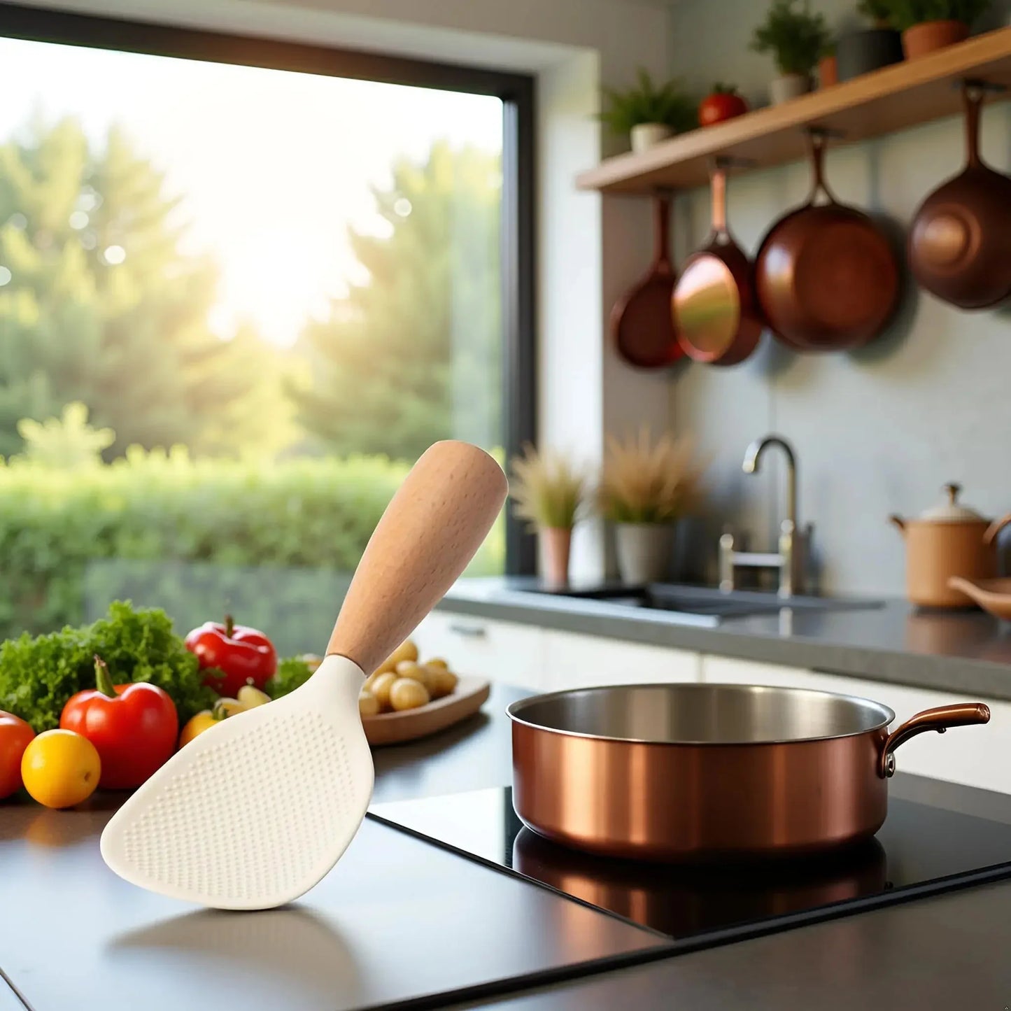 Morve Silicone Rice Spoon with Natural Wooden Handle, Non-Stick Paddle for Home Kitchen
