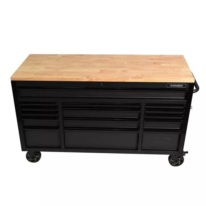 Heavy Duty 61 in. W x 23 in. D 15-Drawer Mobile Workbench with Solid Wood Top