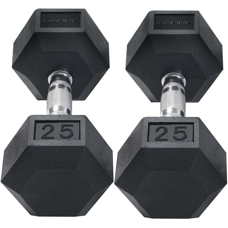 Inspire Fitness 210 lb. (5-30 lb.) Rubber Dumbbell Set with 6 pair Vertical Rack