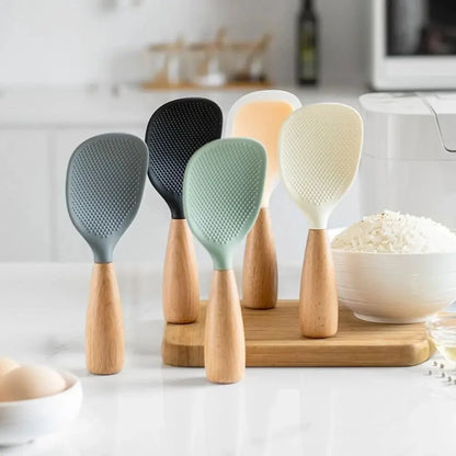 Morve Silicone Rice Spoon with Natural Wooden Handle, Non-Stick Paddle for Home Kitchen