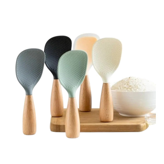 Morve Silicone Rice Spoon with Natural Wooden Handle, Non-Stick Paddle for Home Kitchen