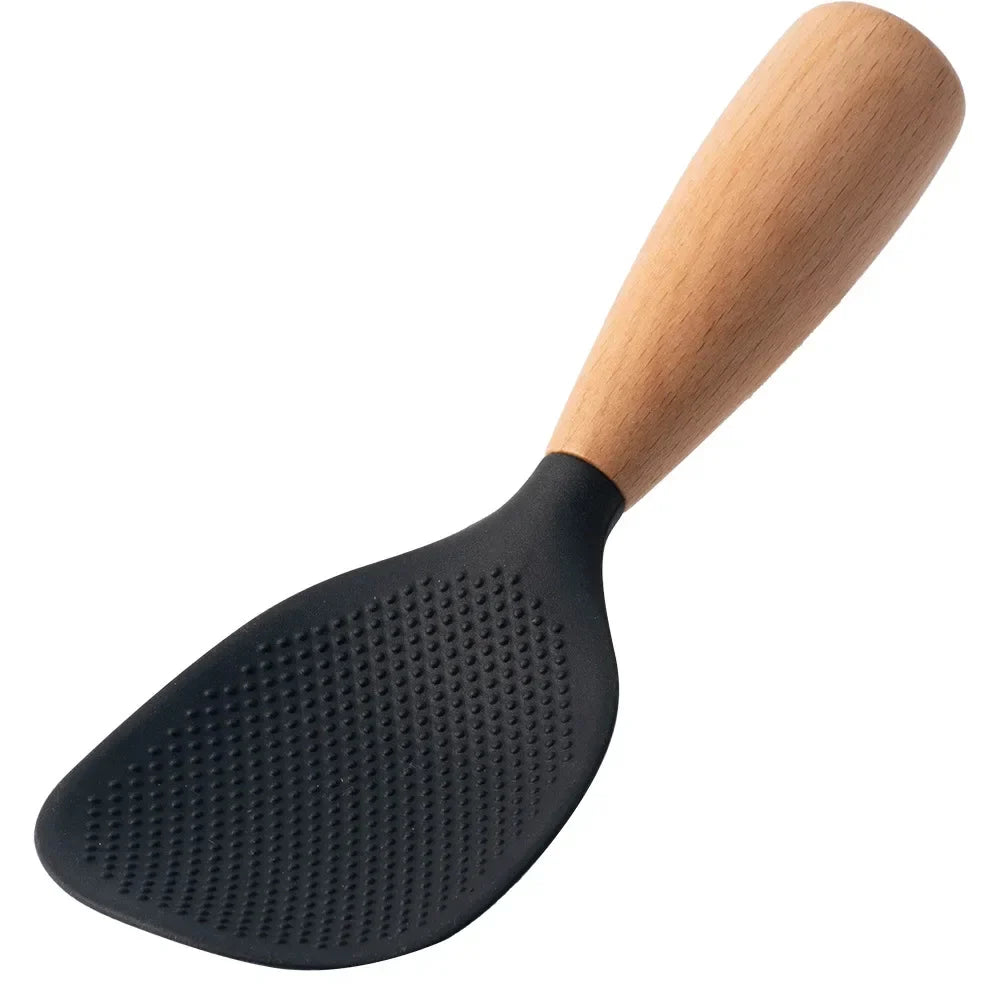 Morve Silicone Rice Spoon with Natural Wooden Handle, Non-Stick Paddle for Home Kitchen