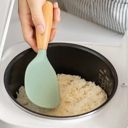 Morve Silicone Rice Spoon with Natural Wooden Handle, Non-Stick Paddle for Home Kitchen