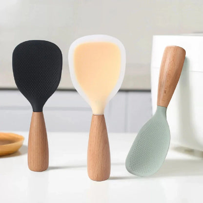 Morve Silicone Rice Spoon with Natural Wooden Handle, Non-Stick Paddle for Home Kitchen