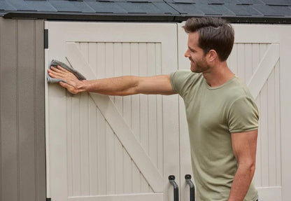 Rubbermaid Resin Outdoor Storage Shed With Floor (7 x 7 Ft) Weather Resistant Gray Organization for Home/Backyard/Garden Tools/Lawn Mower/Bike Storage/Pool Supplies