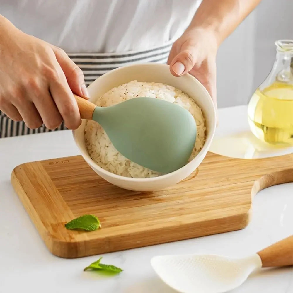 Morve Silicone Rice Spoon with Natural Wooden Handle, Non-Stick Paddle for Home Kitchen