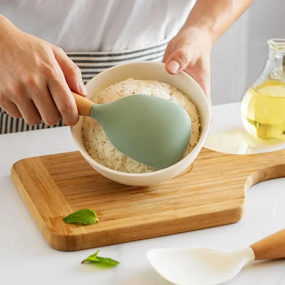 Morve Silicone Rice Spoon with Natural Wooden Handle, Non-Stick Paddle for Home Kitchen