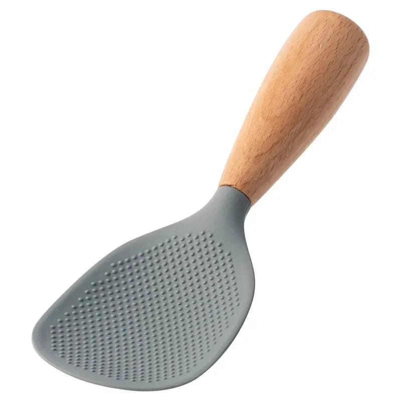 Morve Silicone Rice Spoon with Natural Wooden Handle, Non-Stick Paddle for Home Kitchen