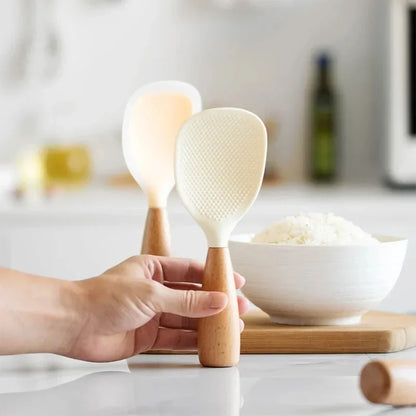 Morve Silicone Rice Spoon with Natural Wooden Handle, Non-Stick Paddle for Home Kitchen