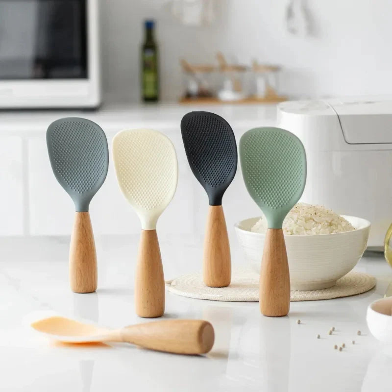 Morve Silicone Rice Spoon with Natural Wooden Handle, Non-Stick Paddle for Home Kitchen