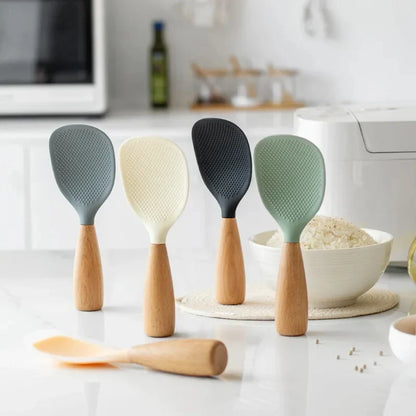 Morve Silicone Rice Spoon with Natural Wooden Handle, Non-Stick Paddle for Home Kitchen