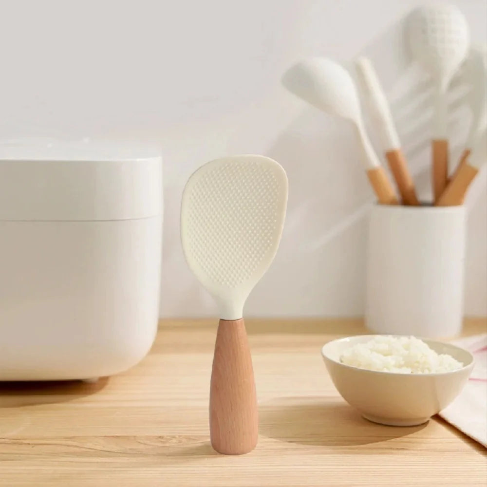 Morve Silicone Rice Spoon with Natural Wooden Handle, Non-Stick Paddle for Home Kitchen